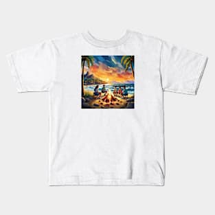 Vibrant Group of Friends sitting at Campfire in Sunset Kids T-Shirt